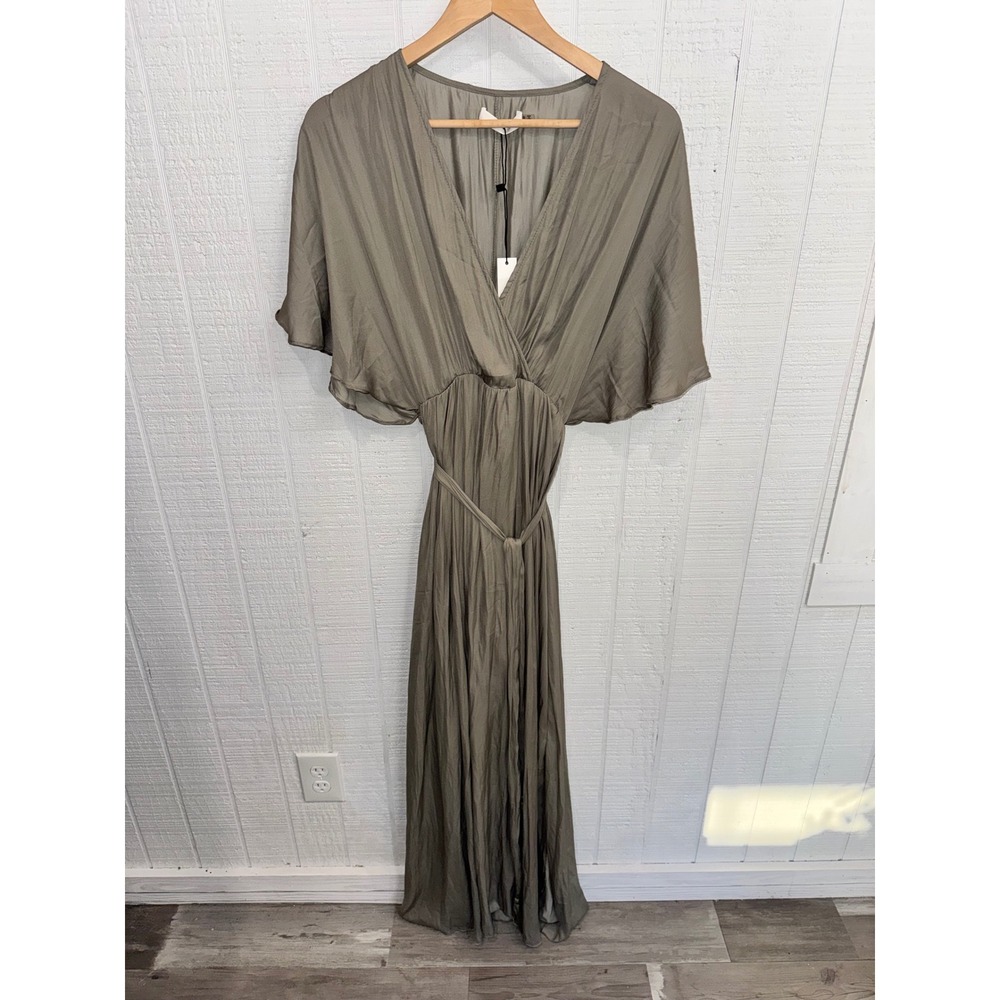 Mustard Seed Maxi Dress Womens Sage Green Flutter Sleeve Pleated Belted S NEW
